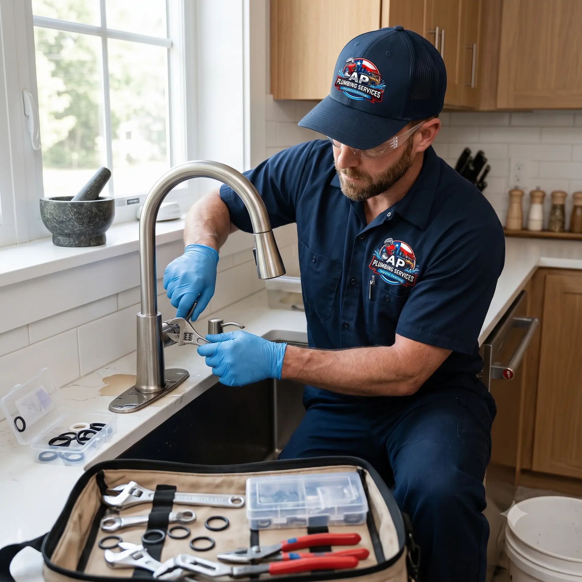 Professional plumber repairing a kitchen faucet with tools and replacement parts in a residential kitchen