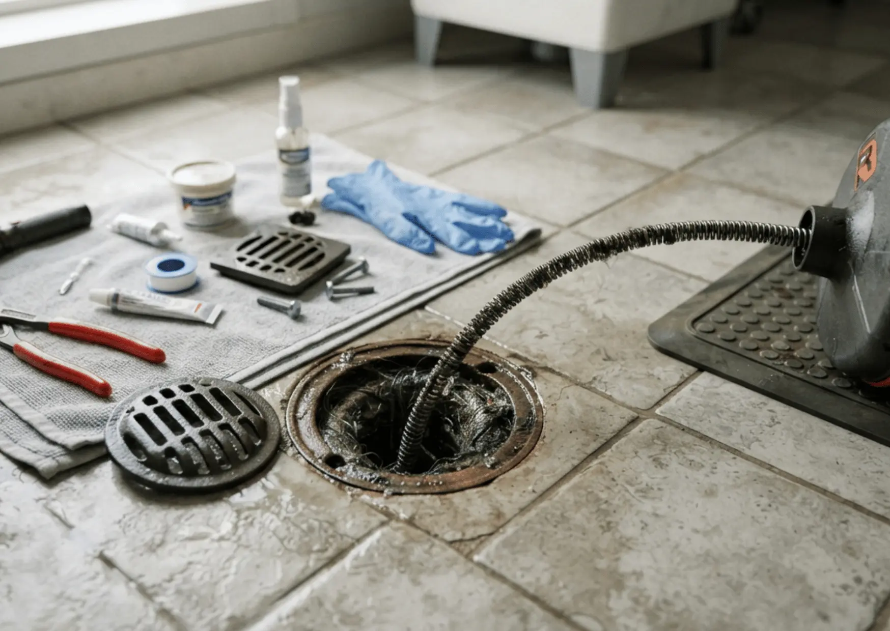 Clogged floor drain cleaning with drain auger