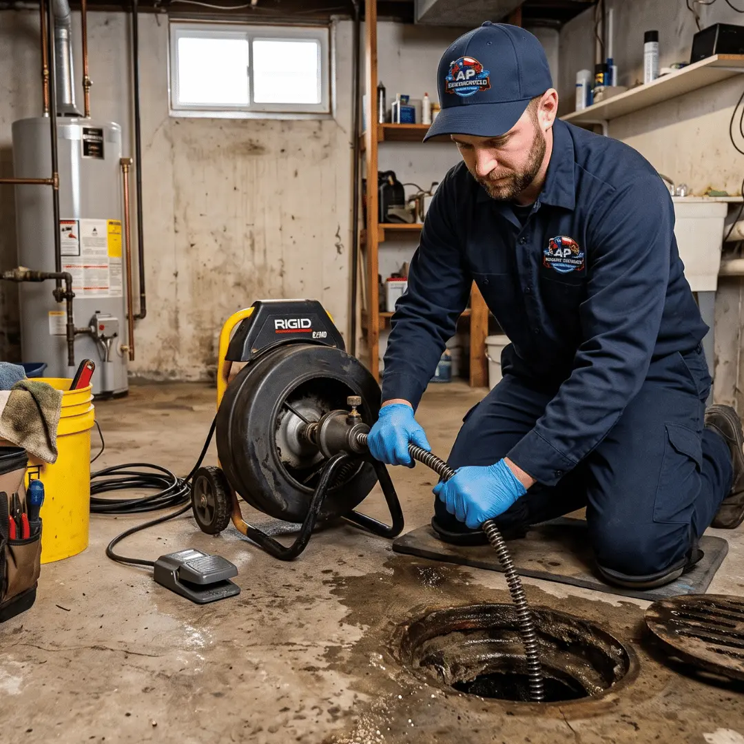 Technician performing floor drain cleaning
