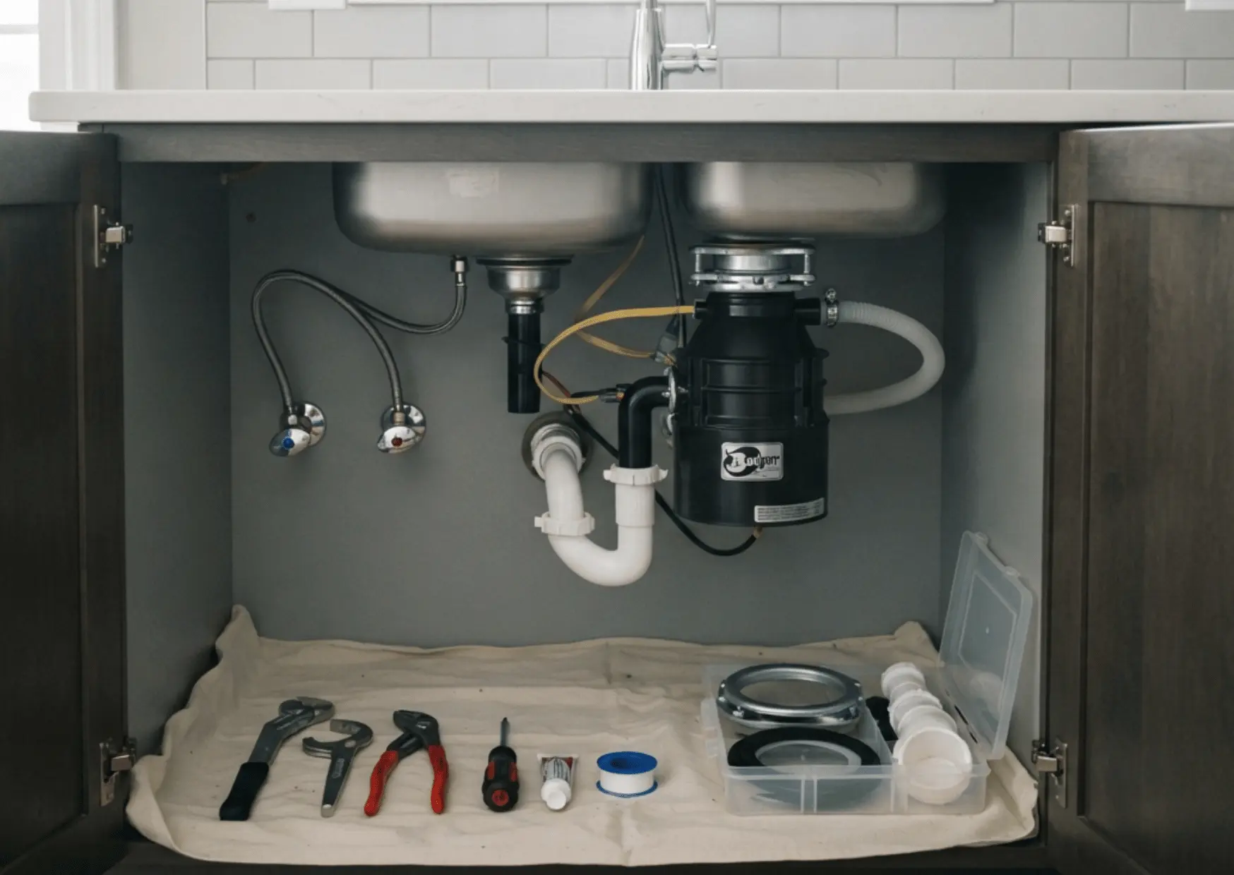Garbage disposal installation with new unit, plumbing connections, and tools under kitchen sink