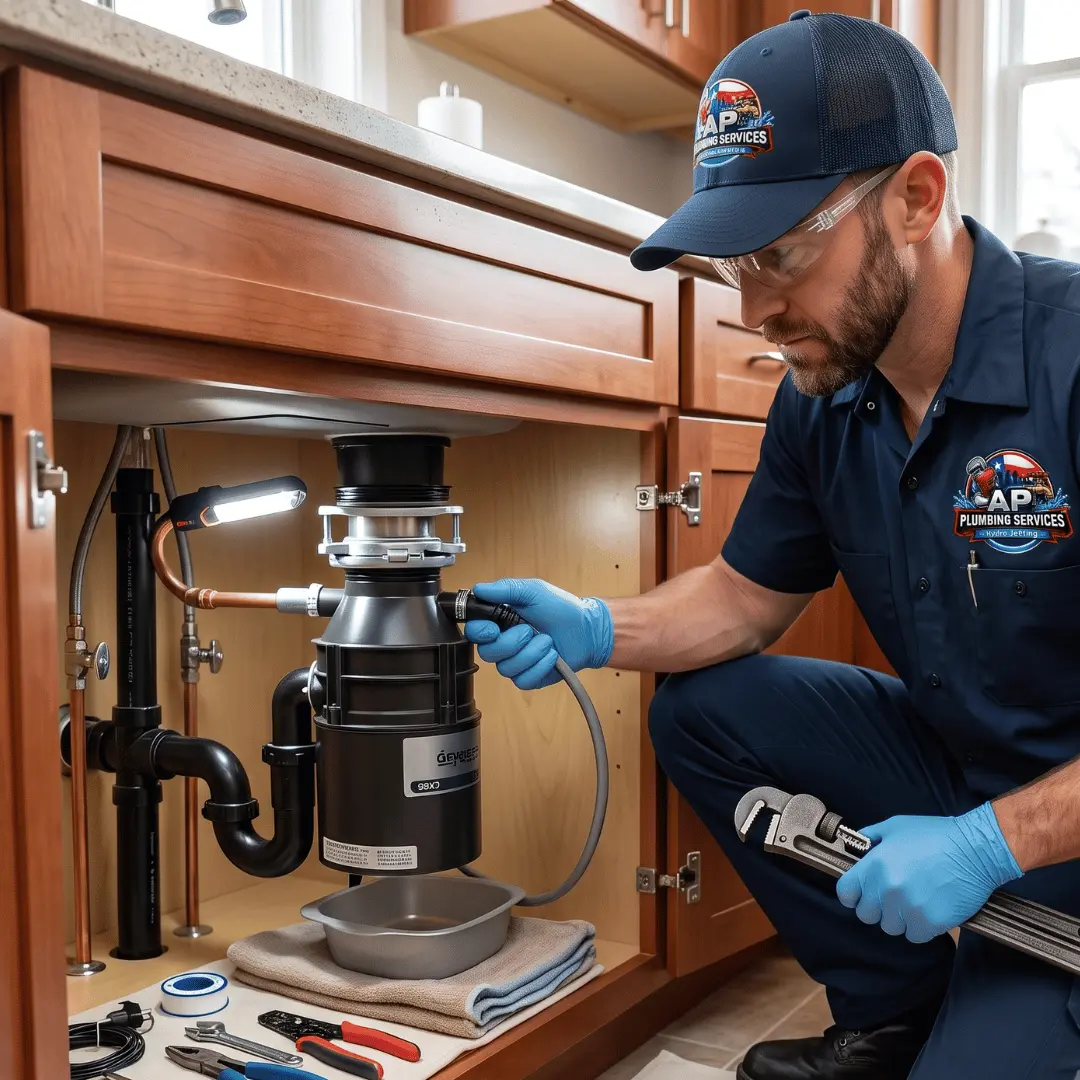 Professional plumber installing a garbage disposal unit under a kitchen sink with plumbing tools