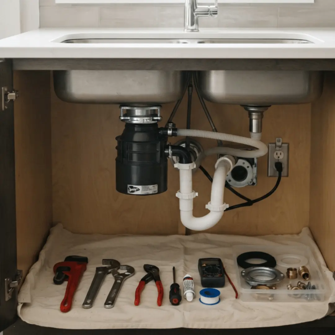 Garbage disposal repair setup with plumbing tools and replacement parts under a kitchen sink