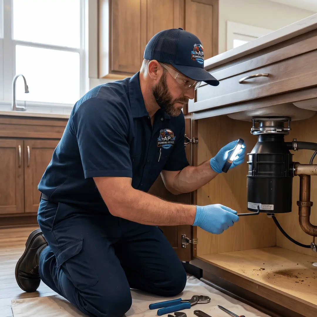 Professional plumber inspecting and repairing a garbage disposal unit under a kitchen sink