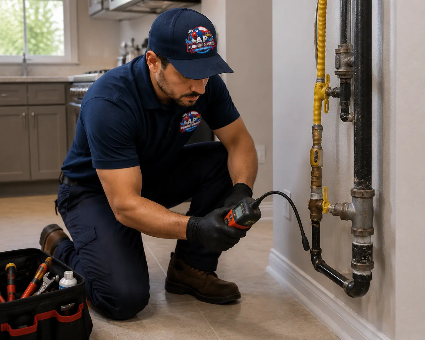 Plumber checking gas line leak