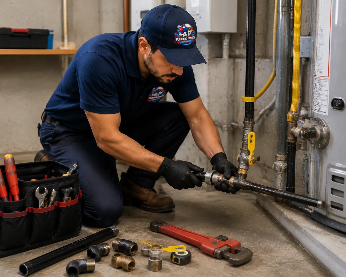 Plumber installing residential gas line