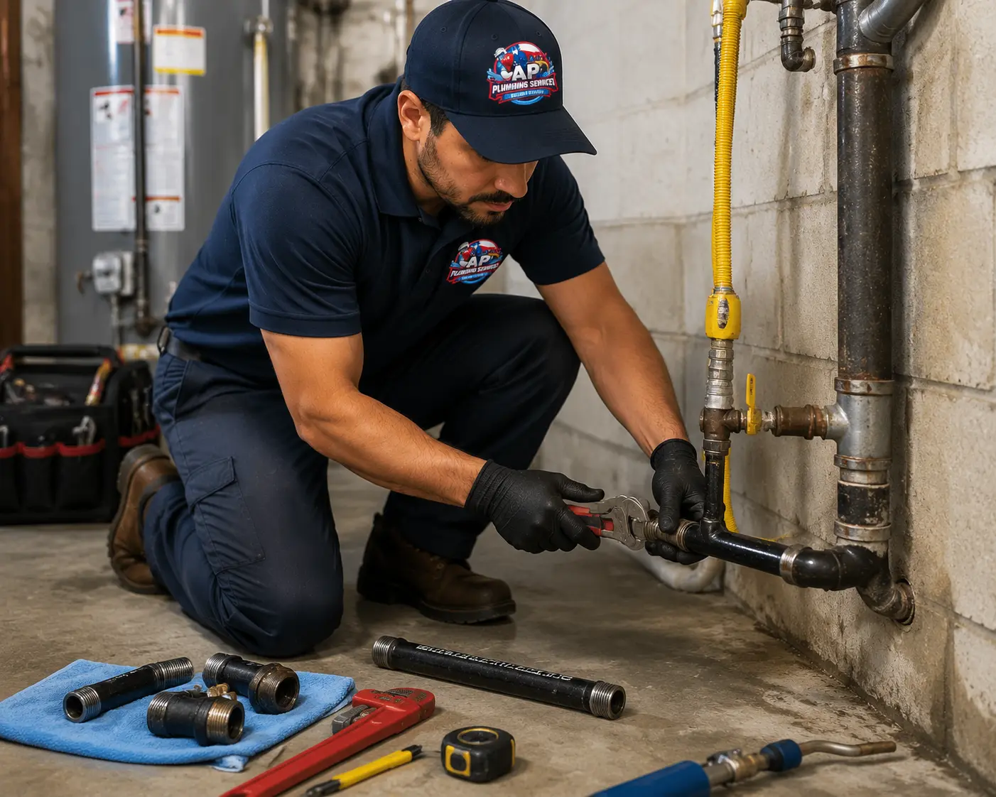 Plumber replacing gas line connection