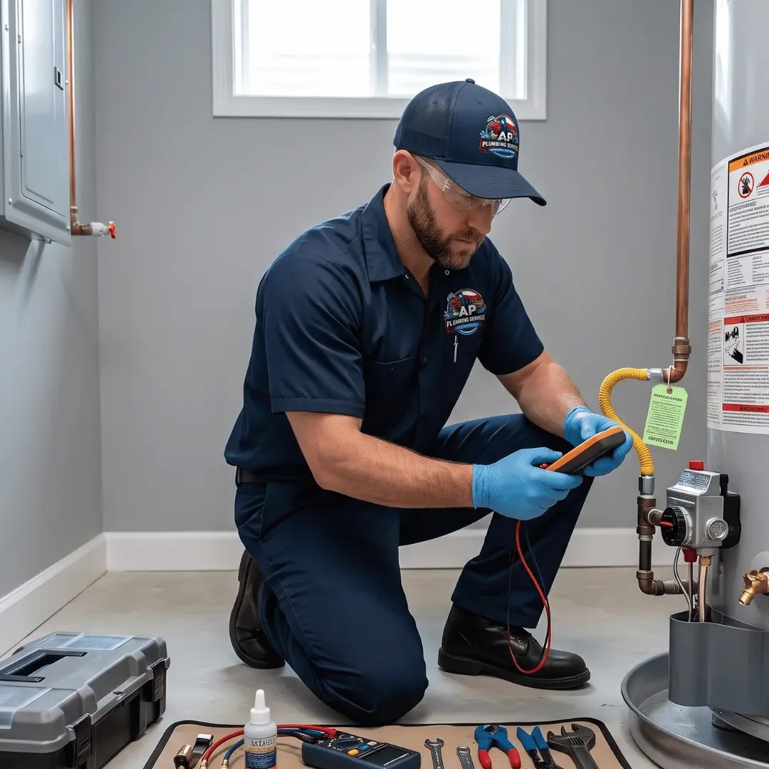 Technician repairing gas water heater system