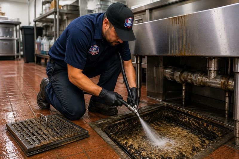 Plumber performing grease line hydro jetting in a commercial kitchen