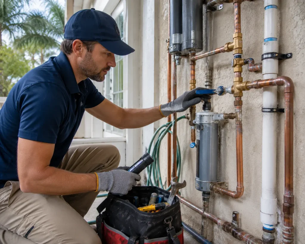 Affordable Plumbing Services technician inspecting outdoor plumbing before hurricane season