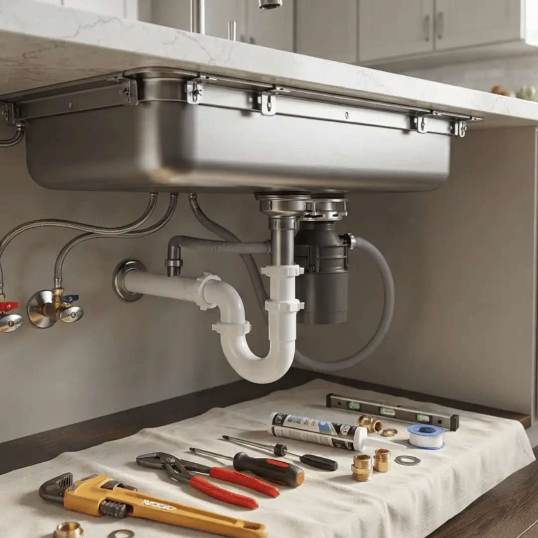 Kitchen sink installation with new plumbing connections and tools under a residential cabinet