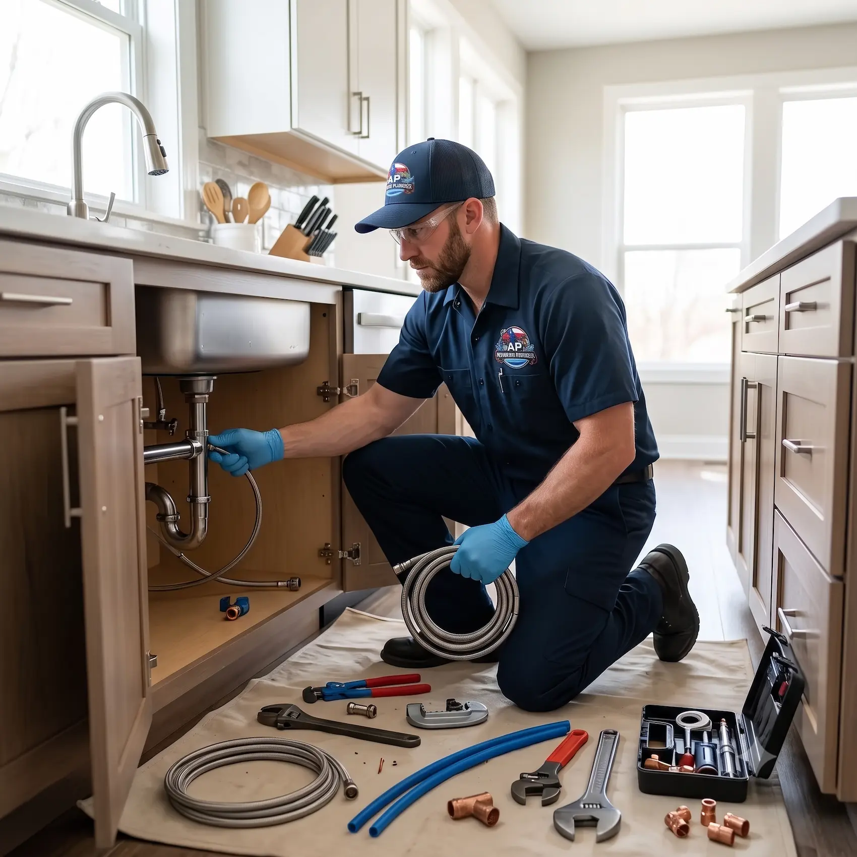 Professional plumber installing a kitchen sink with plumbing tools and new water supply lines under the cabinet