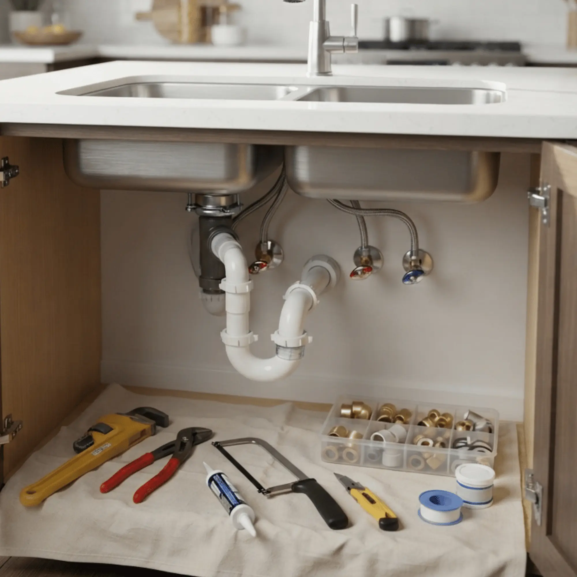 Kitchen sink repair area with plumbing tools and replacement fittings under a residential cabinet
