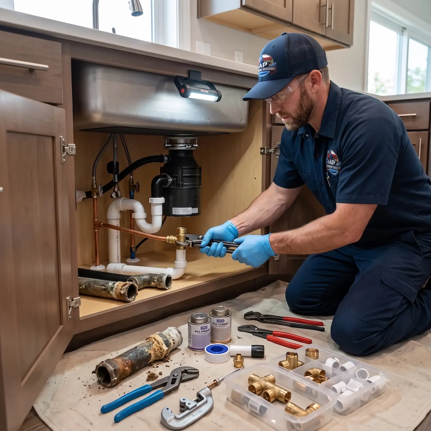 Professional plumber repairing a kitchen sink with plumbing tools and replacement pipe fittings under the cabinet