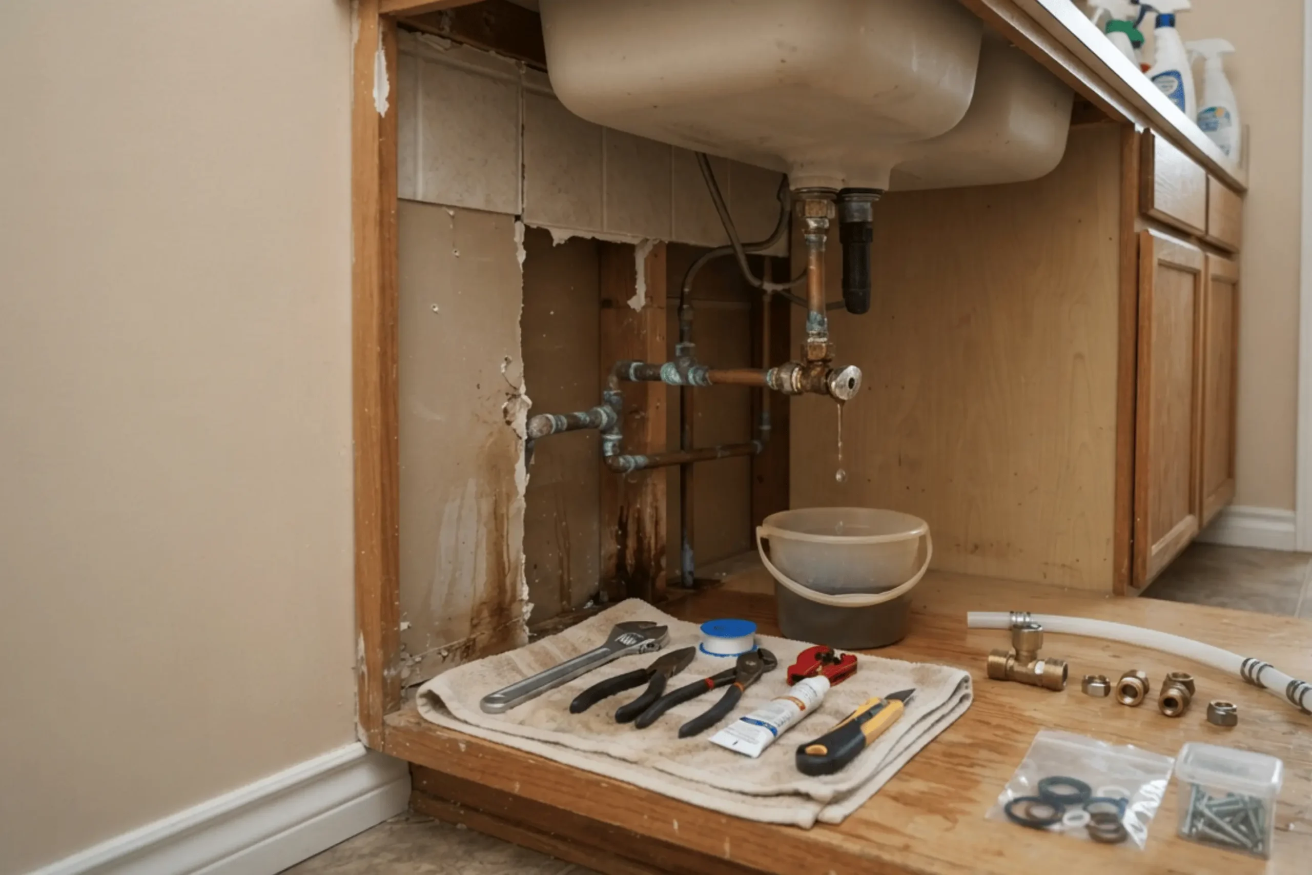 Kitchen sink water leak repair under cabinet