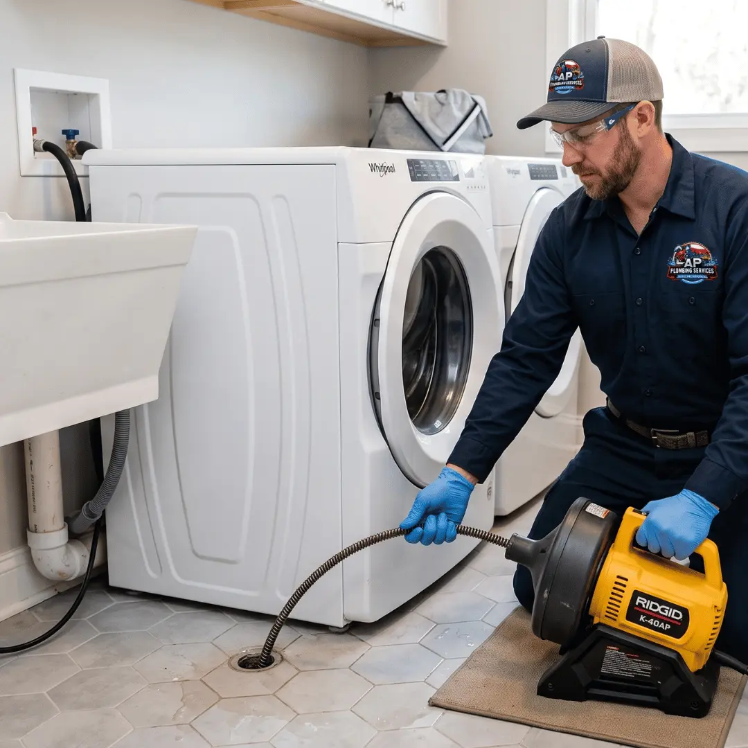 Technician cleaning clogged laundry drain