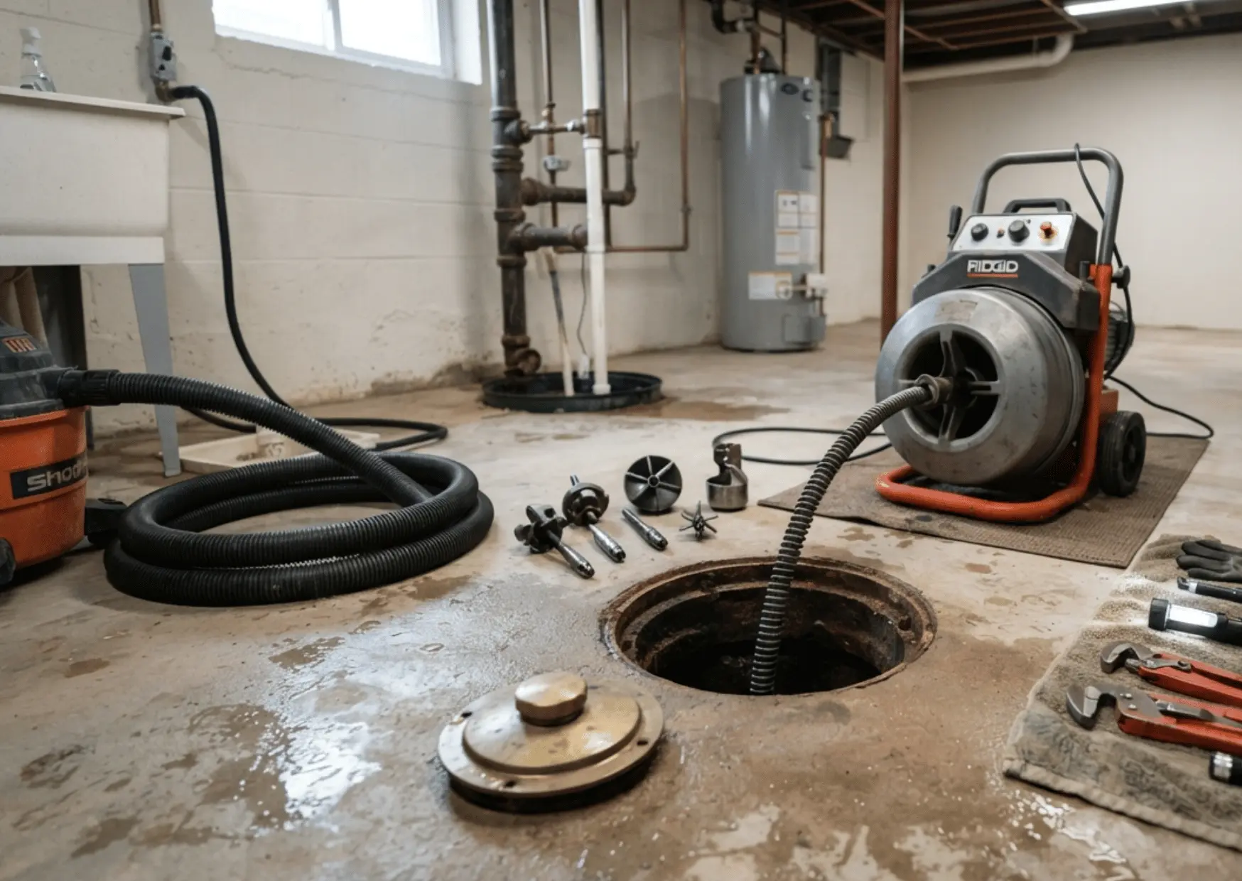 Main drain cleaning equipment in basement