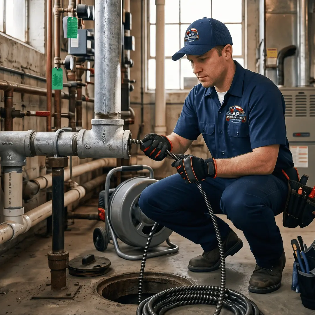 Technician performing main drain cleaning service