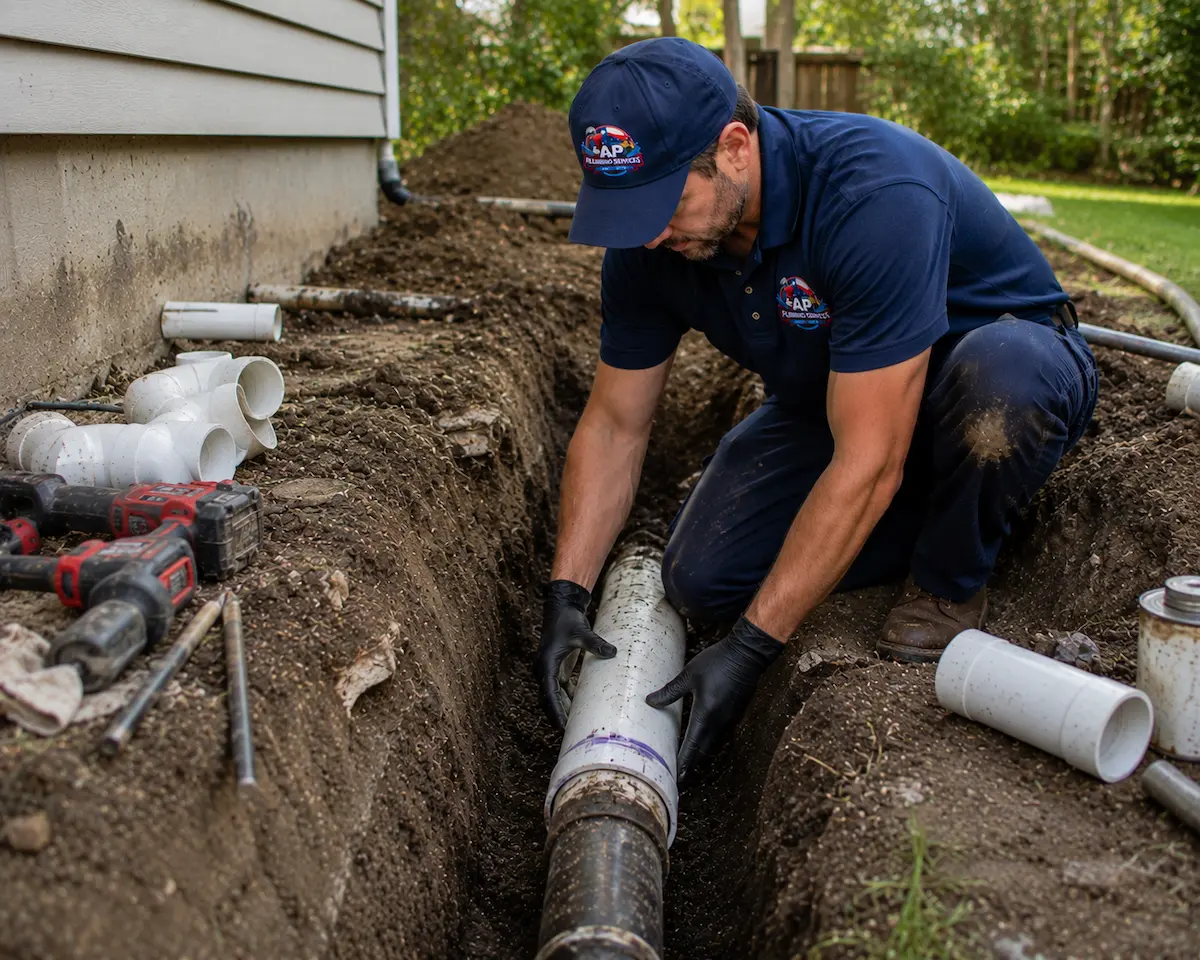 Affordable Plumbing Services technician repairing main sewer line
