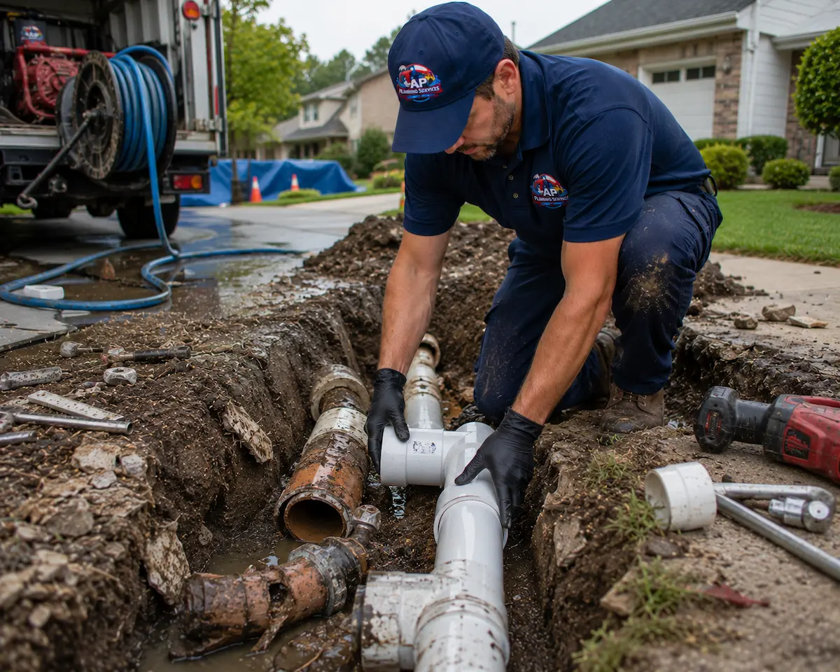 Affordable Plumbing Services technician replacing main sewer line