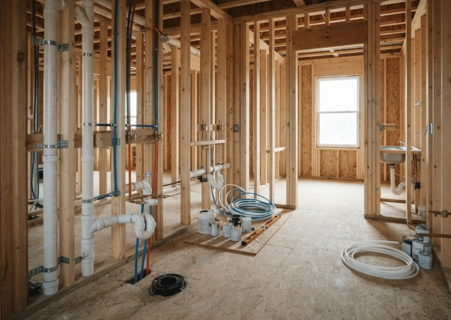New construction plumbing pipes installed in framed home