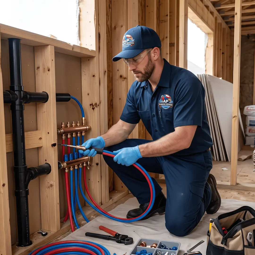 Plumber installing plumbing lines in new construction home
