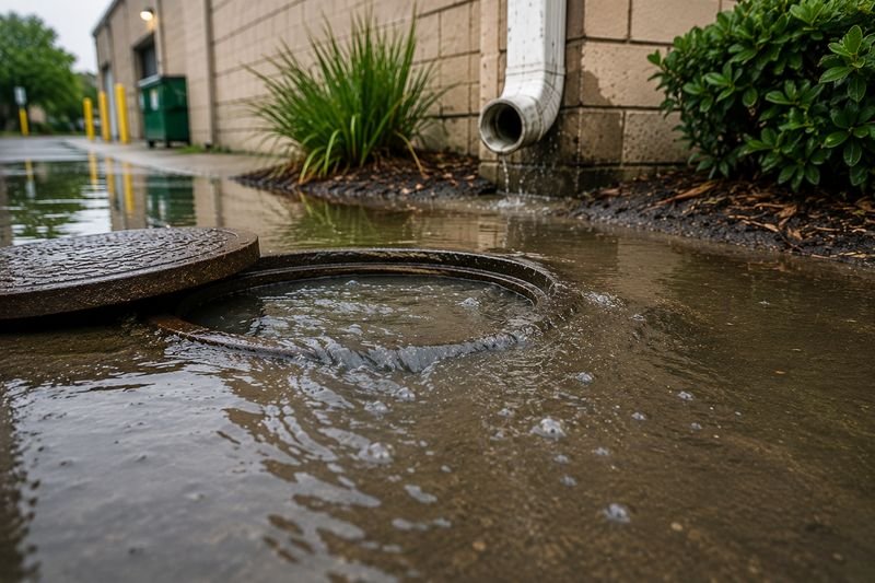 Overflowing sewer drain causing standing water outside a commercial building