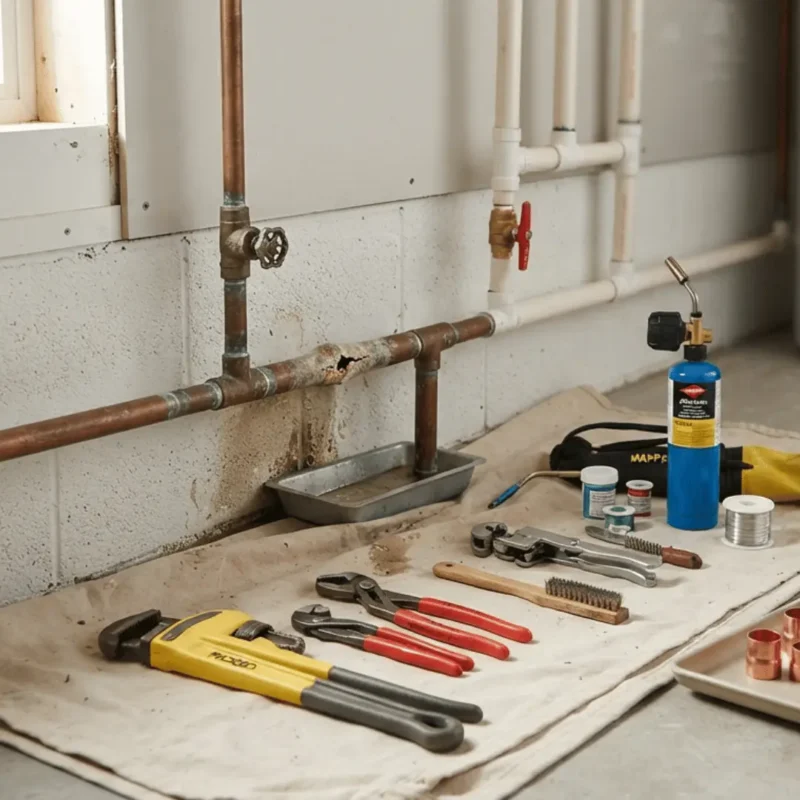 Damaged pipe repair area with plumbing tools and supplies for residential pipe repair service