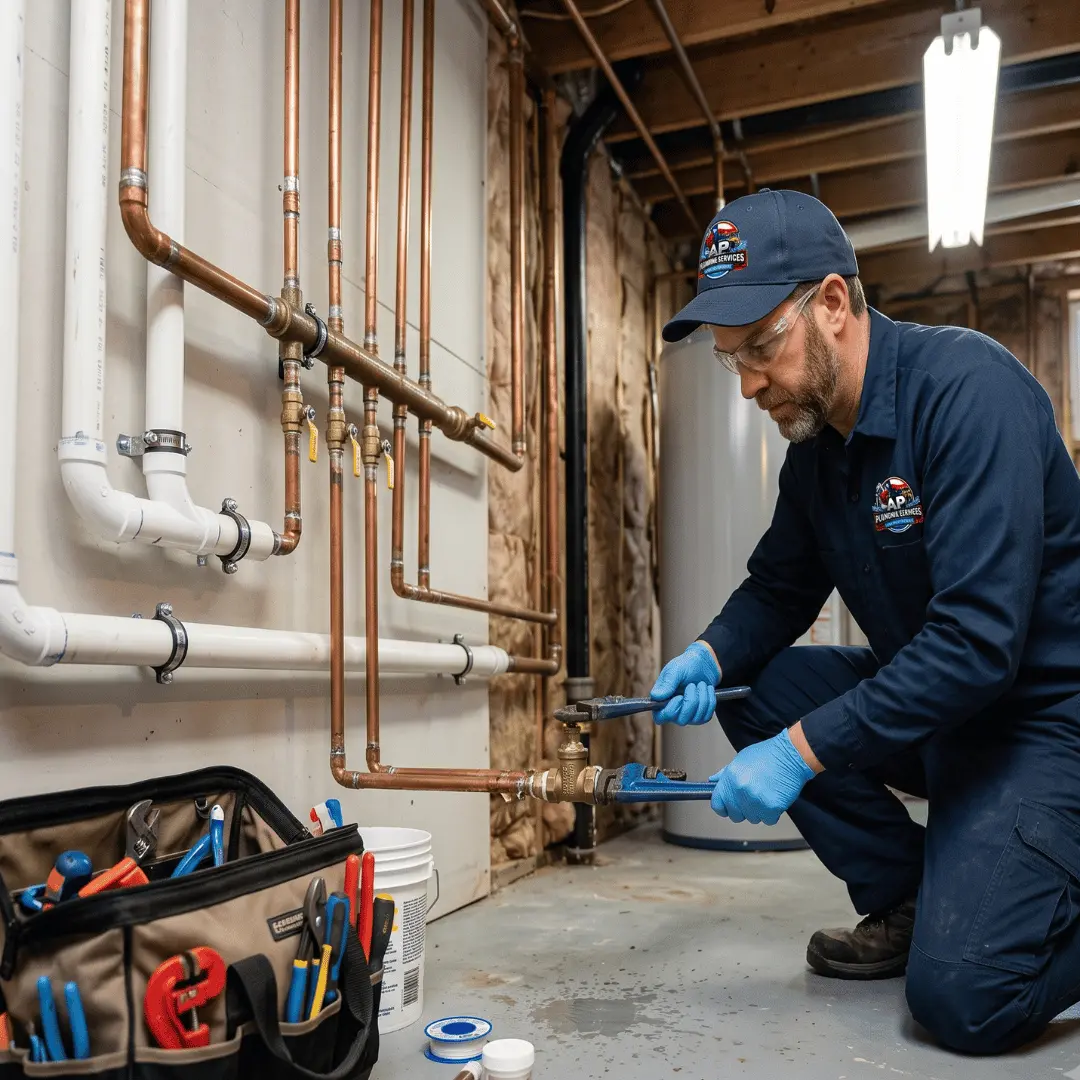 Plumber repairing copper water pipes in basement