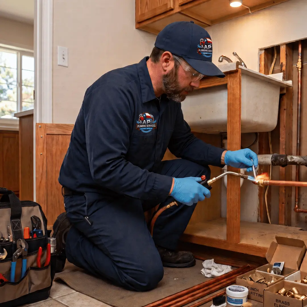 Plumber installing new copper pipes under kitchen sink