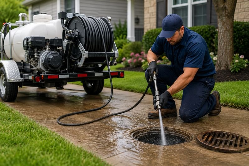 Technician performing residential hydro jetting on a home's sewer drain