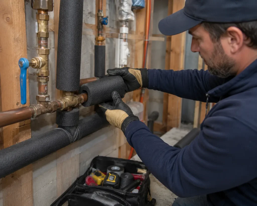 Affordable Plumbing Services technician insulating water pipes during a Houston freeze