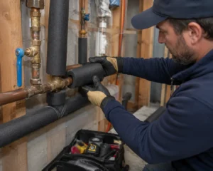 Affordable Plumbing Services technician insulating water pipes during a Houston freeze