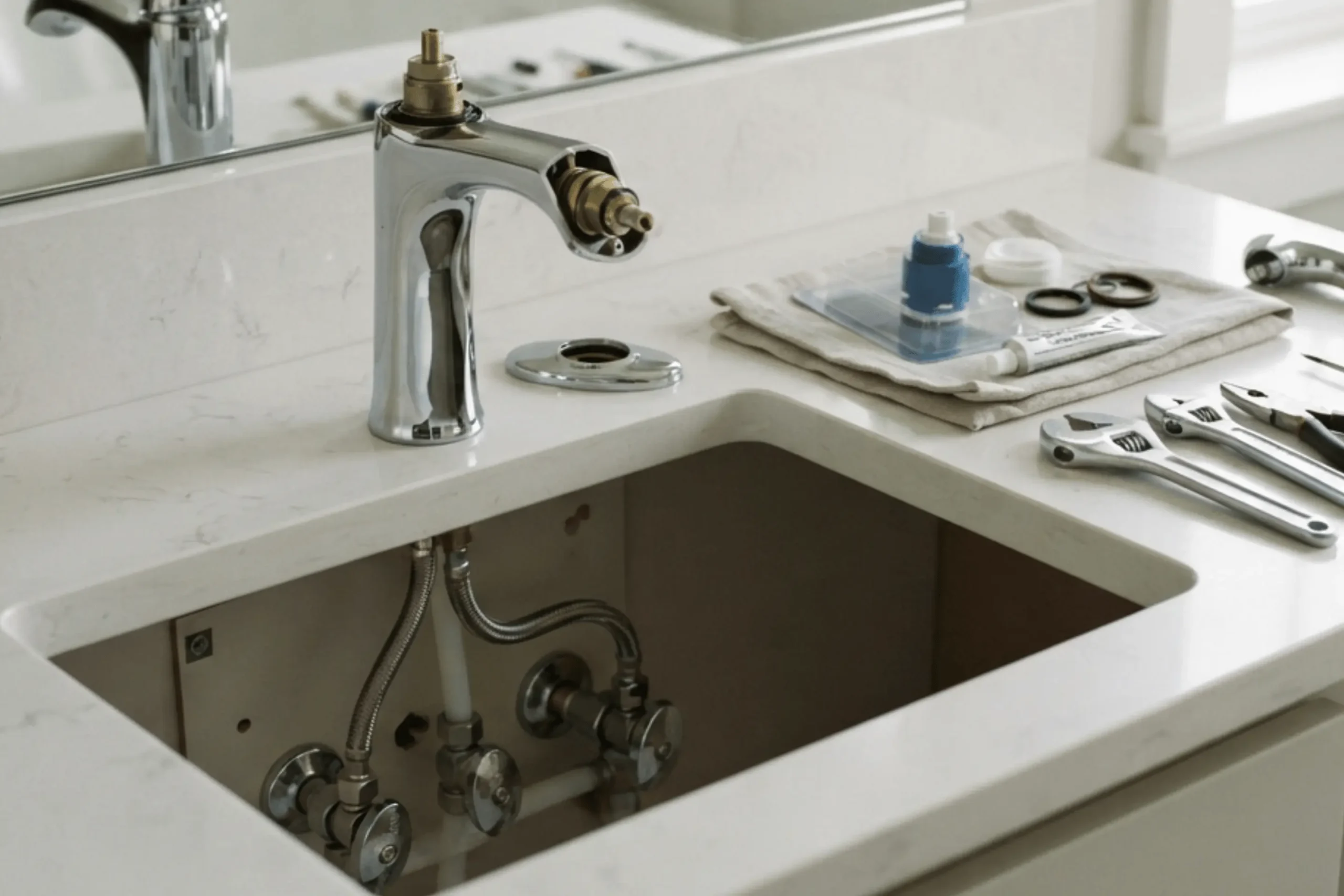 Bathroom faucet repair tools and replacement parts