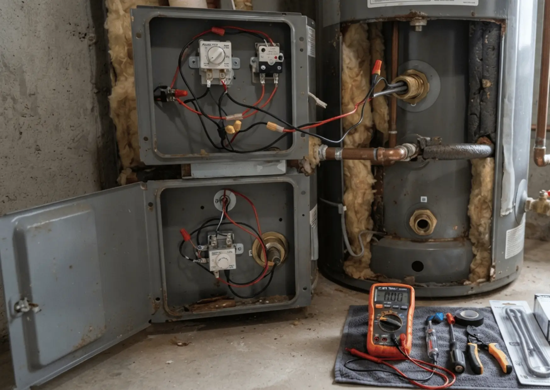 Open electric water heater during repair service