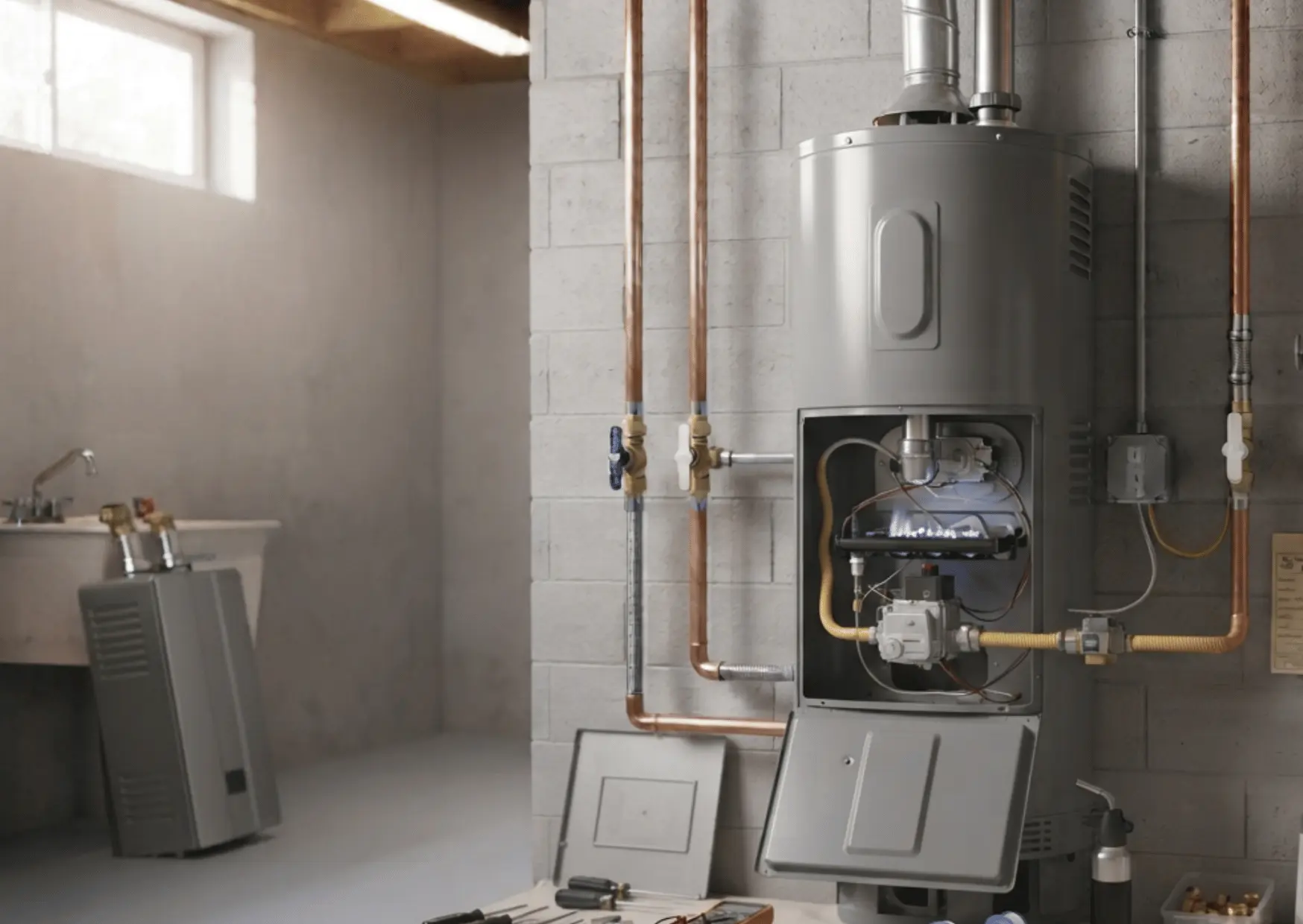 Open gas water heater during repair service