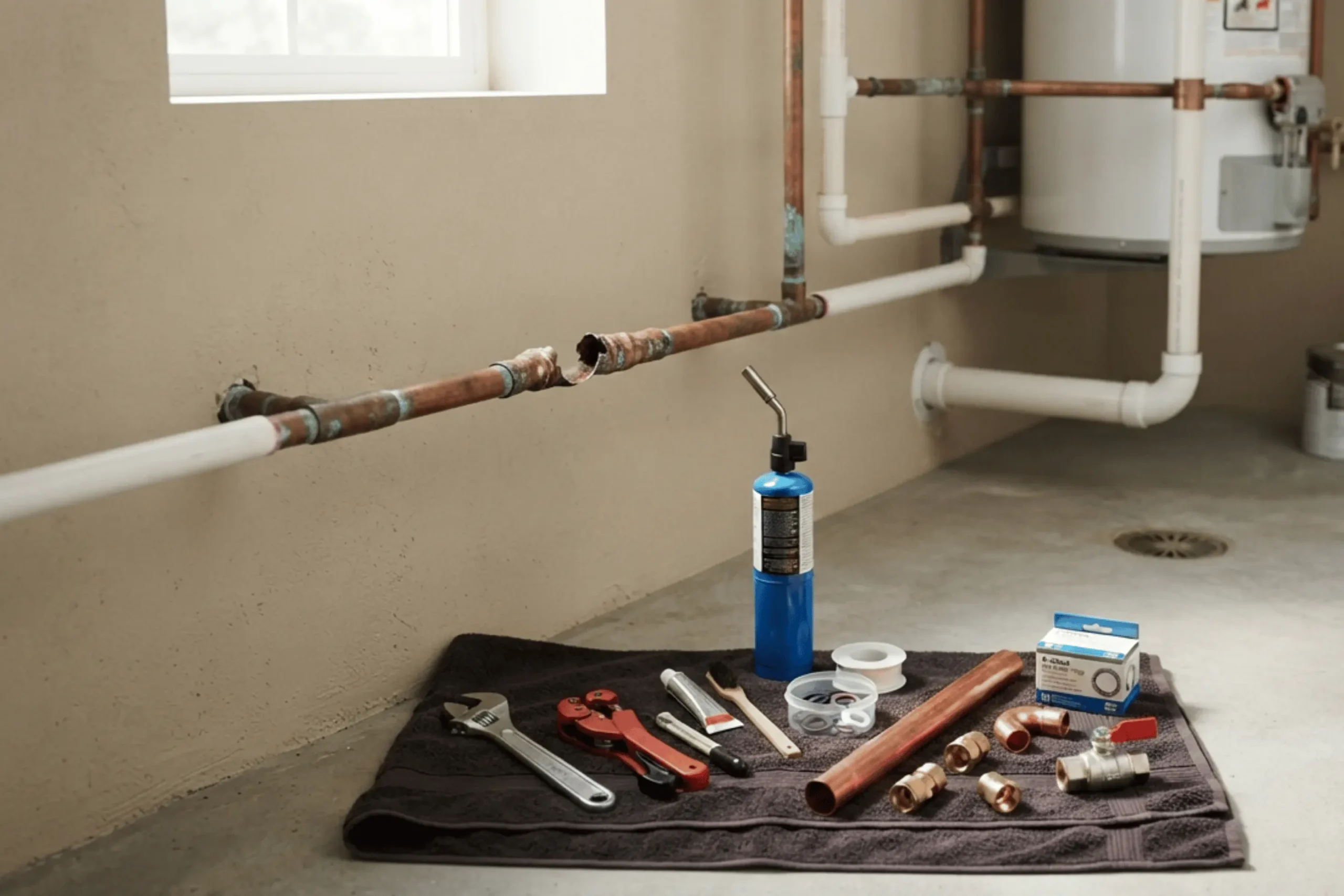 Damaged copper pipe prepared for plumbing repair
