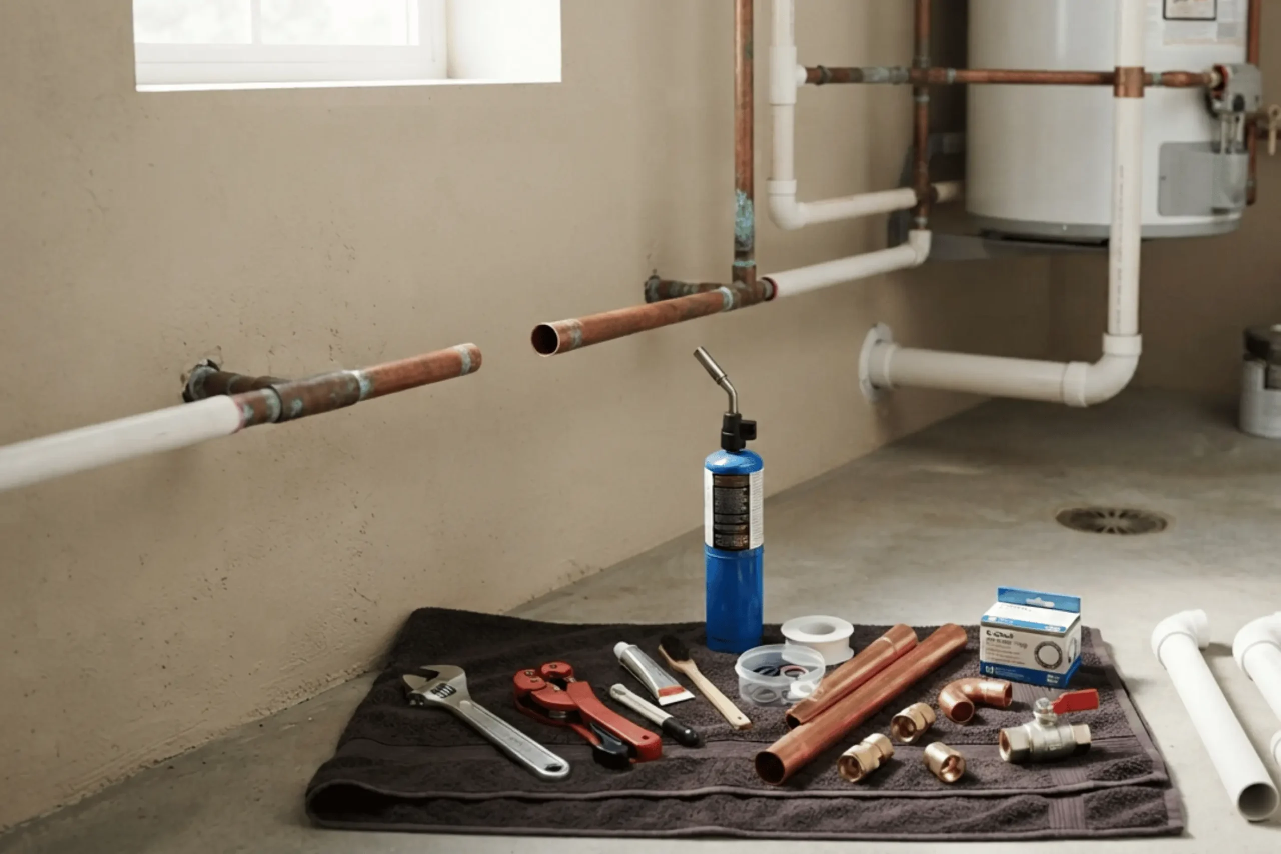 Damaged copper pipe ready for replacement service