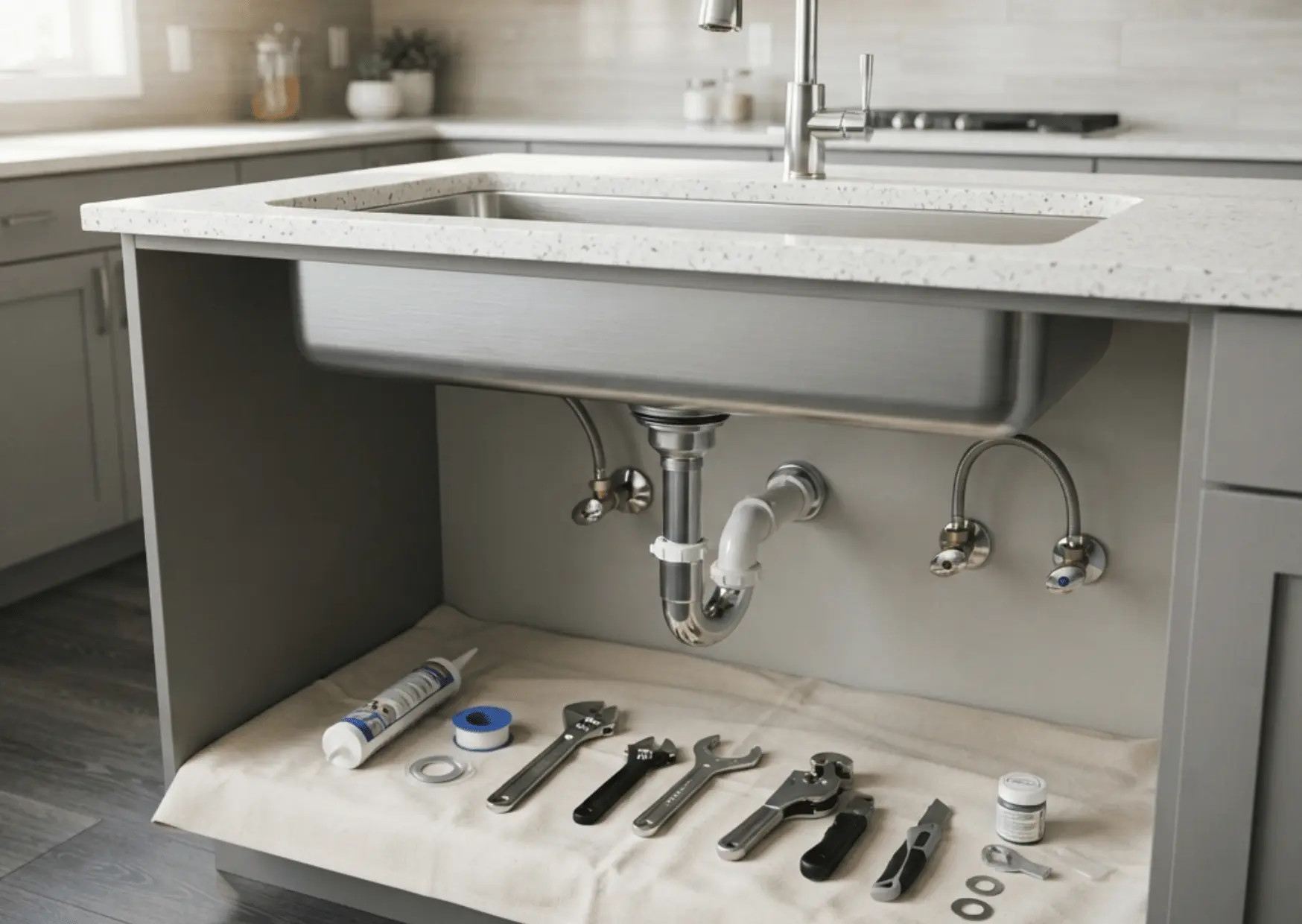 New kitchen sink installed with plumbing tools
