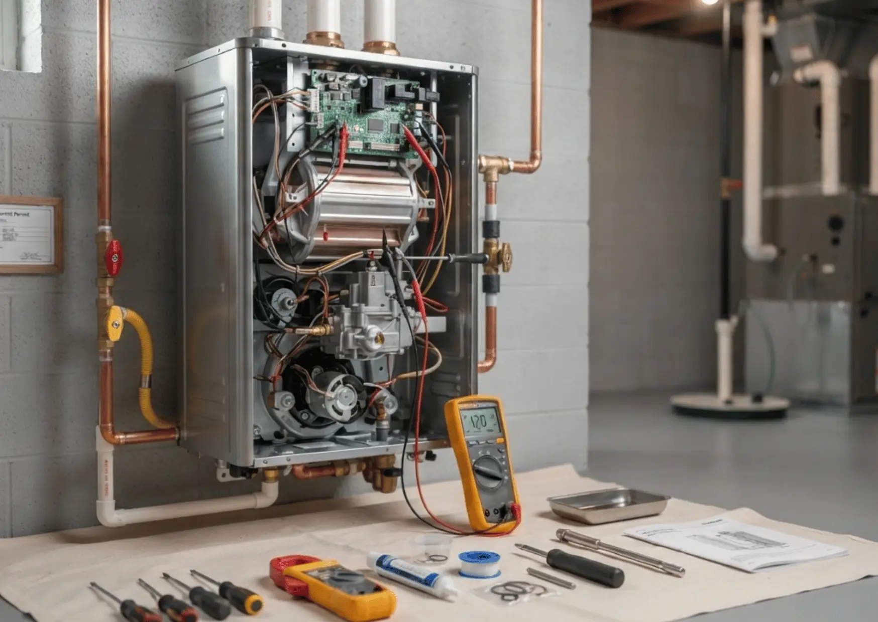 Open tankless water heater undergoing repair