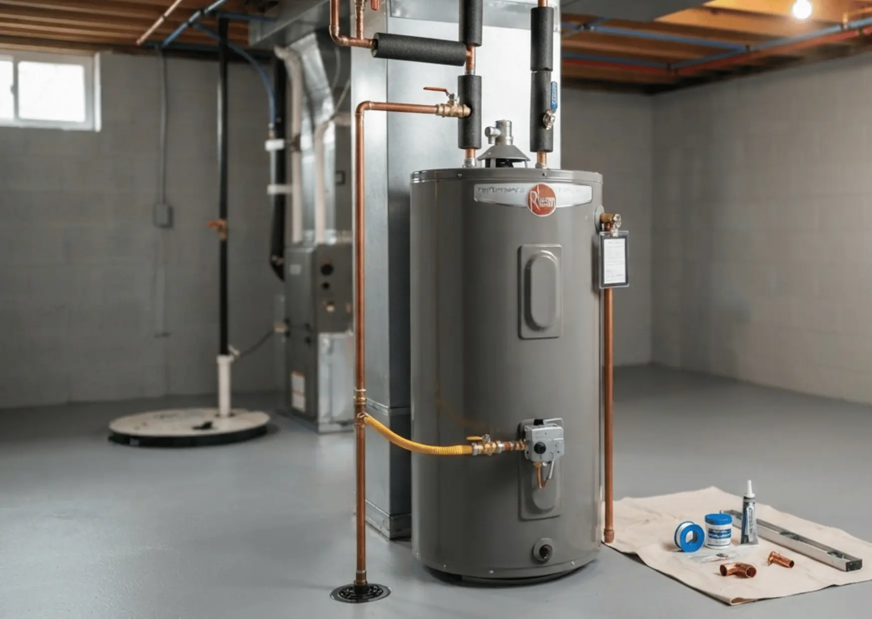 New residential water heater installation with copper pipes
