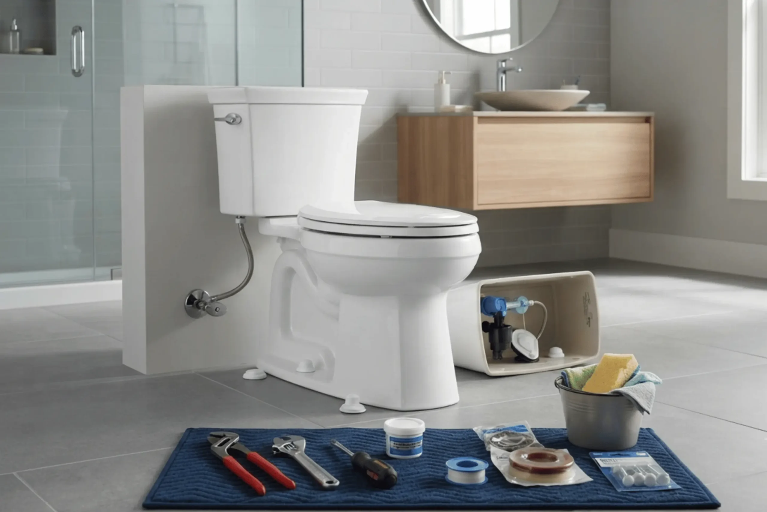 New toilet installation with plumbing tools