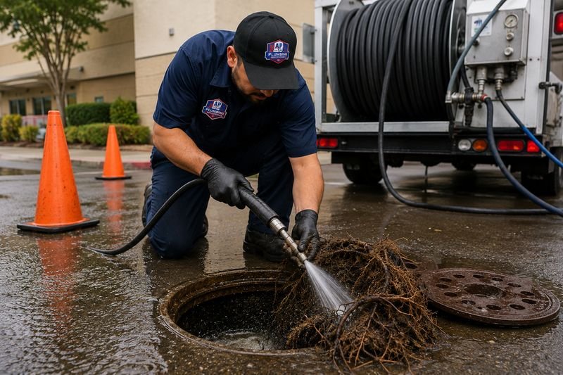 Plumber performing root removal hydro jetting on a sewer line