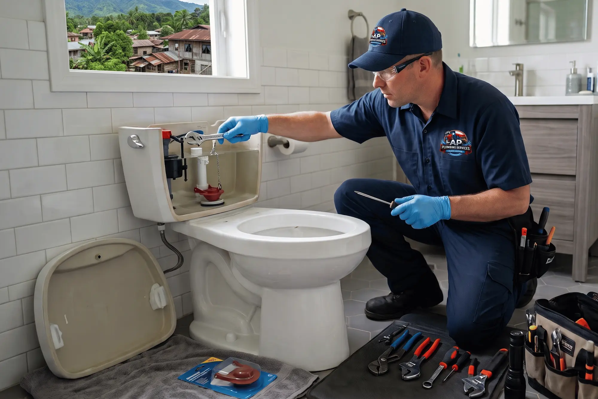 Technician repairing running toilet valve