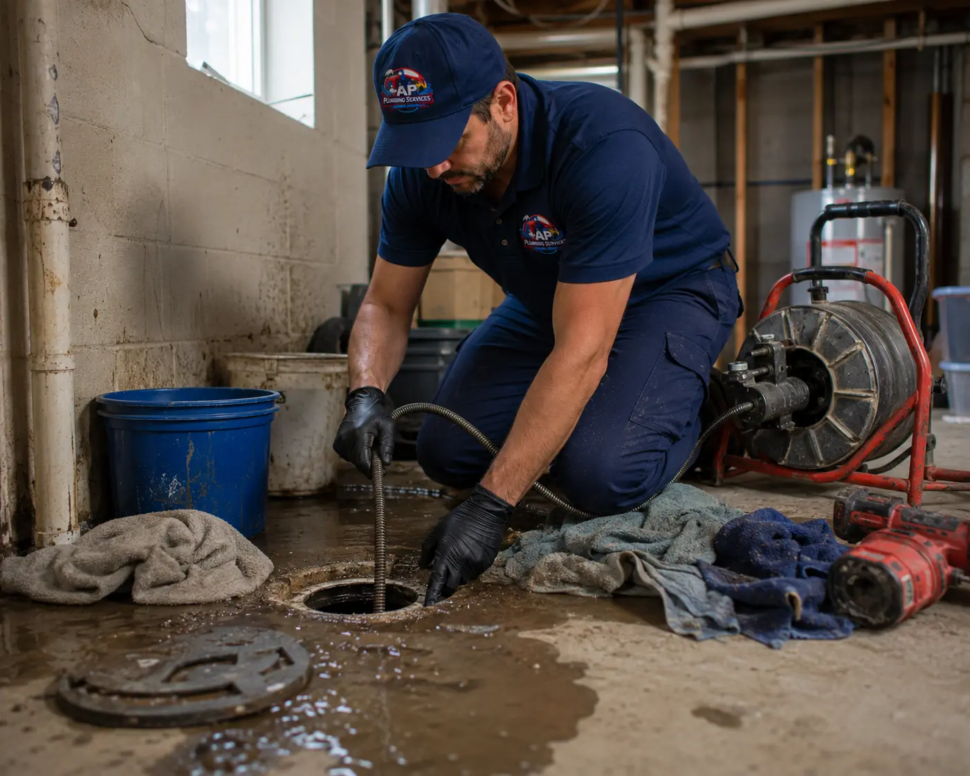 Affordable Plumbing Services technician repairing sewer backup