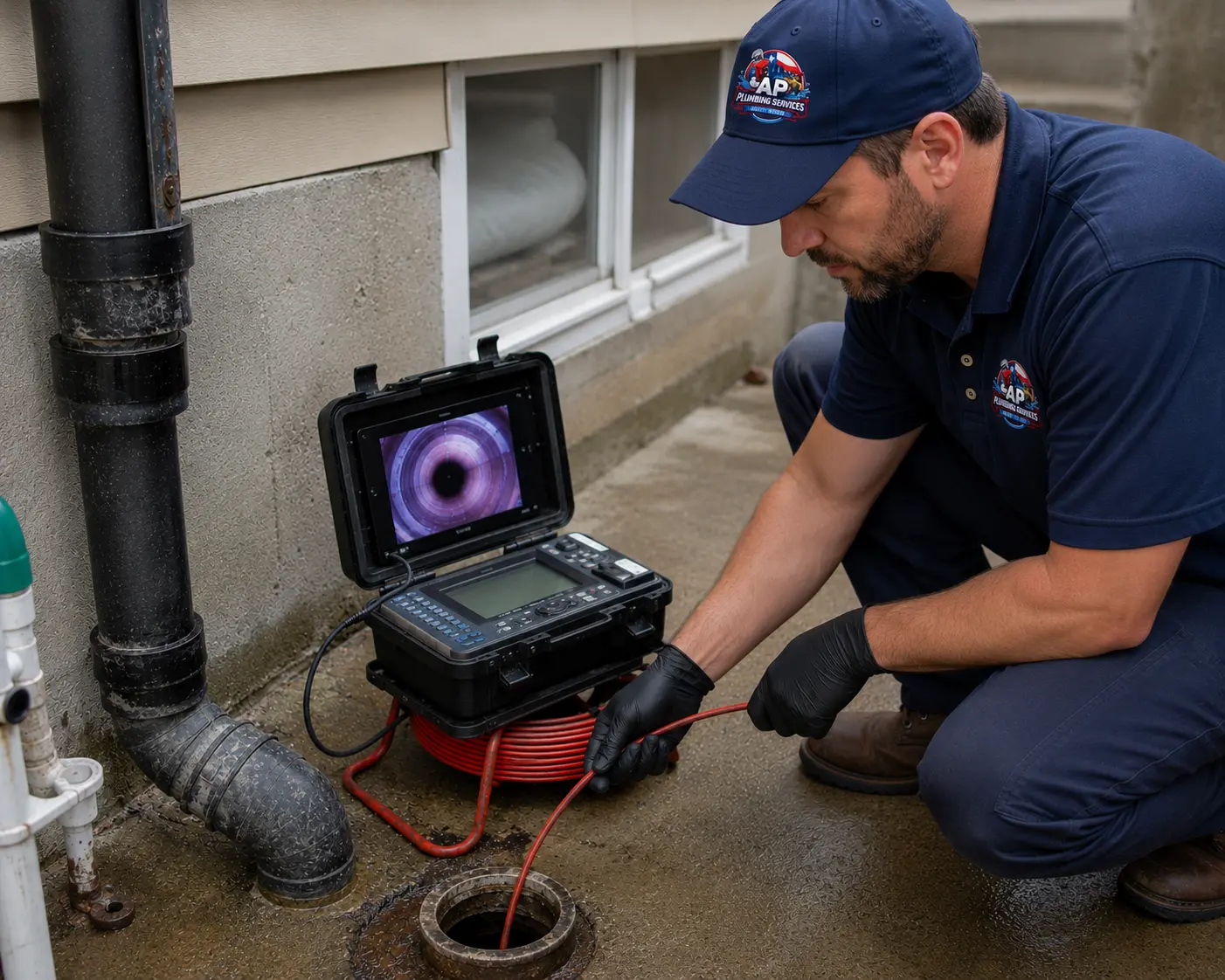 Affordable Plumbing Services technician performing sewer camera inspection