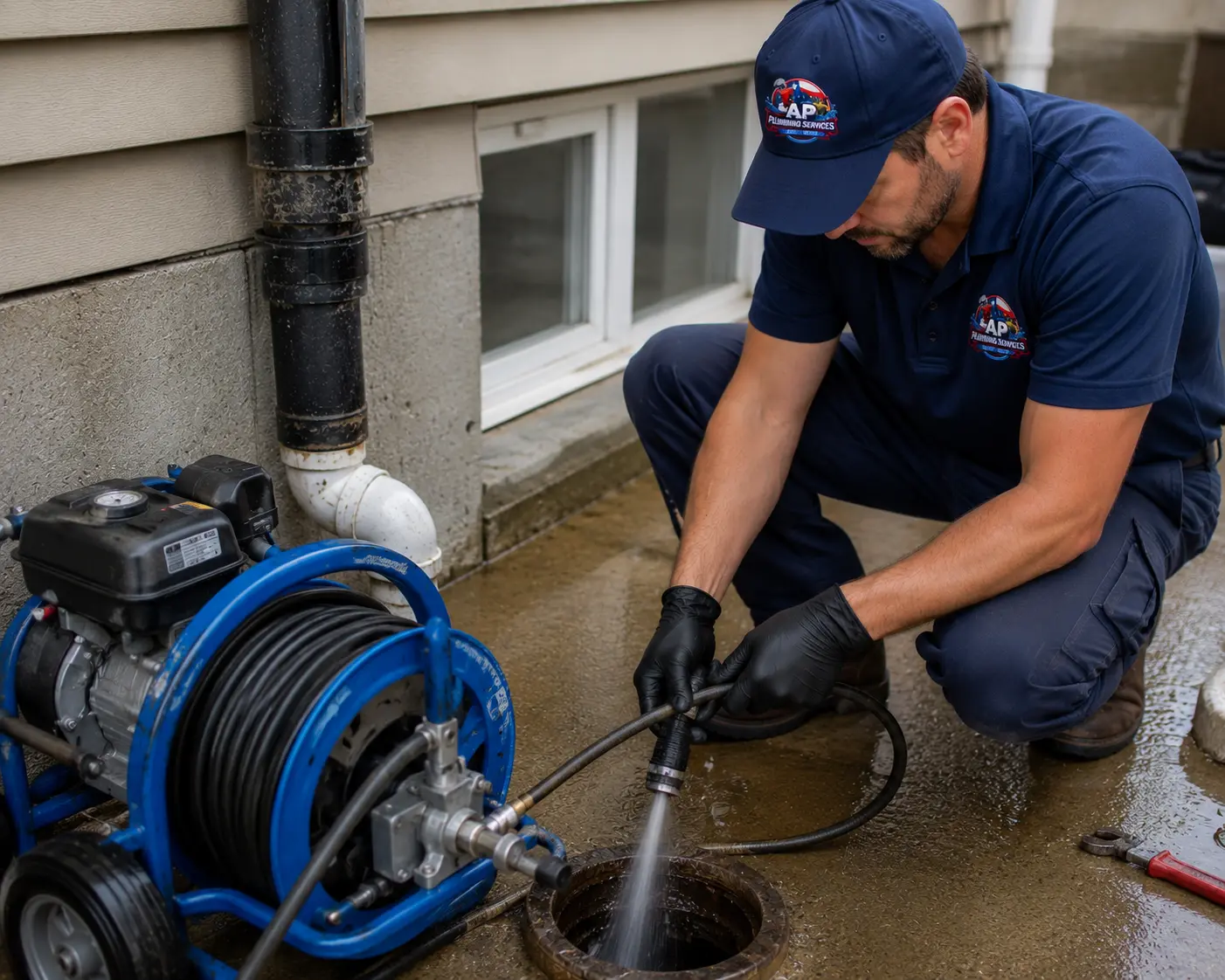 Affordable Plumbing Services technician performing residential sewer cleaning