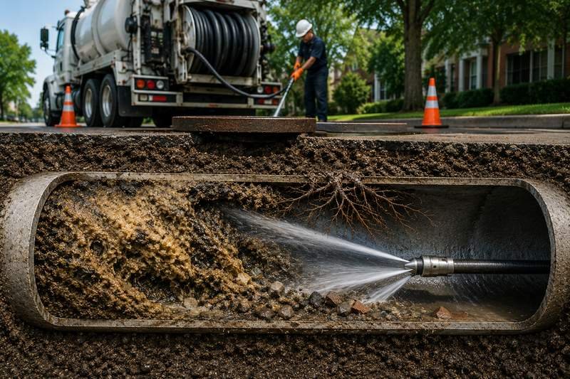 High-pressure sewer line hydro jetting removing blockages from a sewer pipe