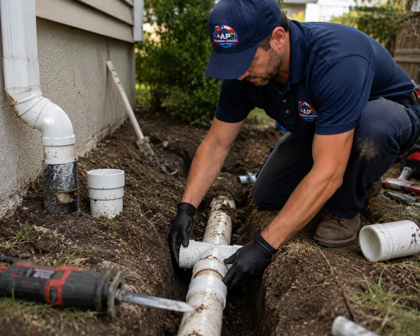 Affordable Plumbing Services technician repairing residential sewer line