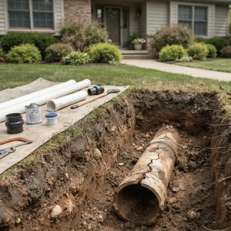 Damaged sewer pipe exposed underground during professional sewer repair service