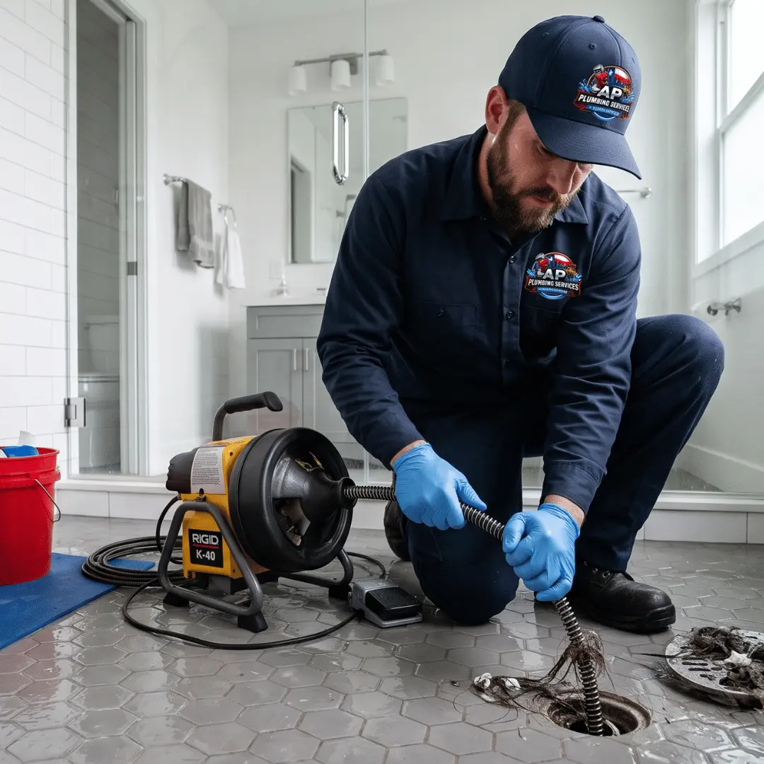 Technician cleaning clogged shower drain